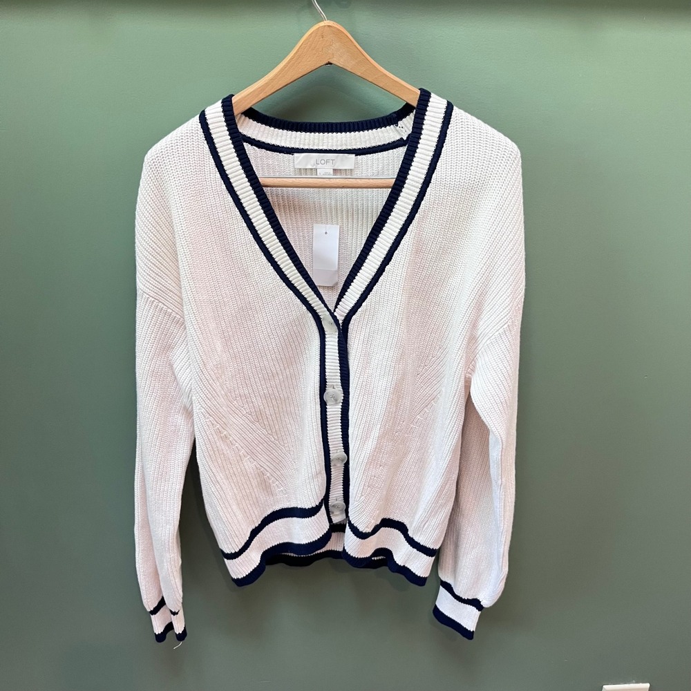 LOFT Women's Cream Navy Trim V Neck‎ Button Front Cardigan Sweater Size L